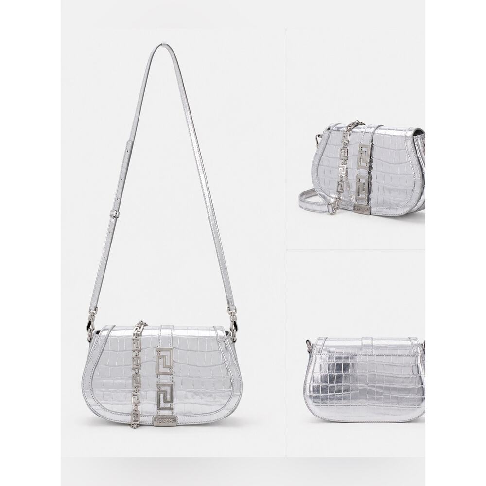 Versace Garcia Croc-Embossed Leather Shoulder Bag Silver New 2900$
